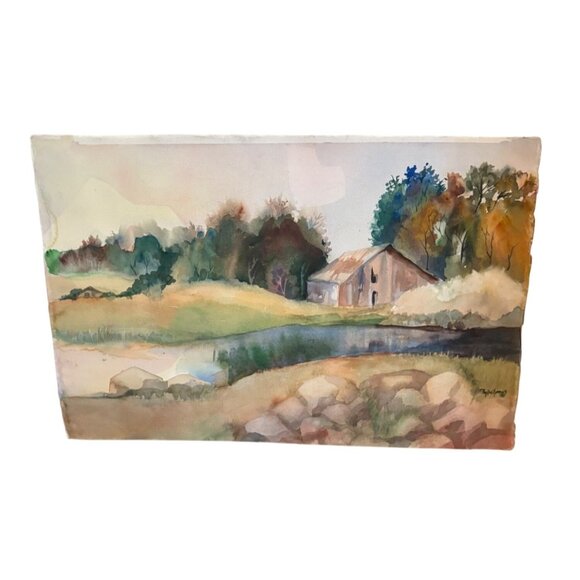 Original Watercolor Landscape Painting By Phyllis Sykes barn water rocks 22x15" - Picture 1 of 7
